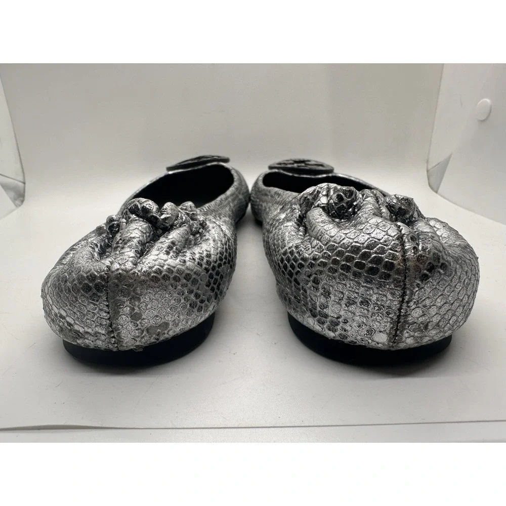 Tory Burch Reva Ballet Flats Silver Metallic Snake Embossed Leather Size 10M